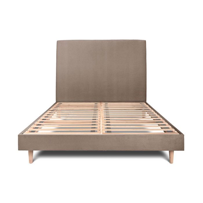 Lit 150x190cm avec tête de lit tapissier velours et sommier kit taupe - Hauteur totale : 29cm