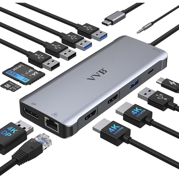 Hub USB C,Station d'accueil USB C Double Moniteur,Adaptateur USB C 13 en 1  vers Double 4K HDMI,DP,Ethernet,PD 100W,5 US[O1] - Cdiscount Informatique