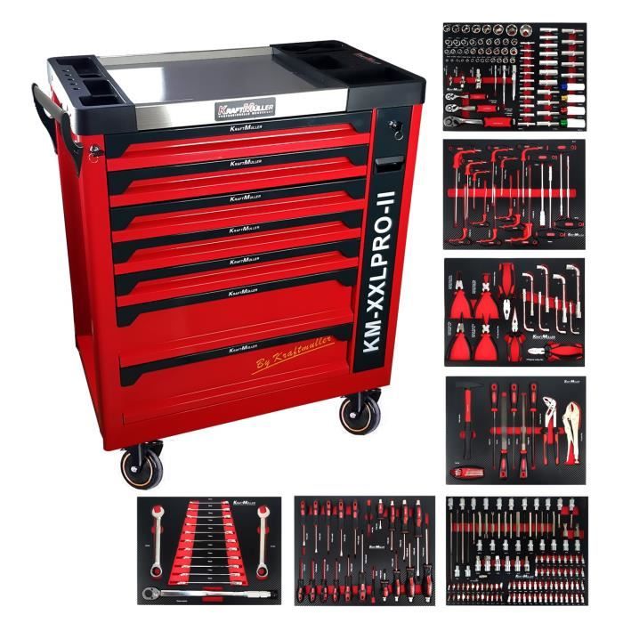 Servante d'atelier Kraft Muller KM-XXL PRO II TOOLS - 257 outils - Clé  dynamo - 7 tiroirs, 1 coulissant, Roulettes, Black Red - Cdiscount Bricolage