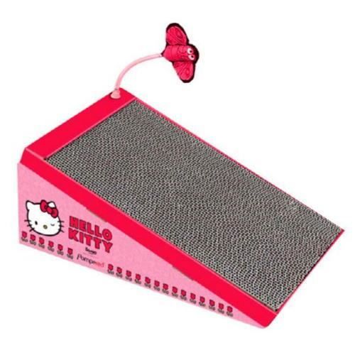 Griffoir pour chat - Griffoir incliné Hello Kitty - Motif Hello Kitty - Carton ondulé - Rose avec jouet papillon