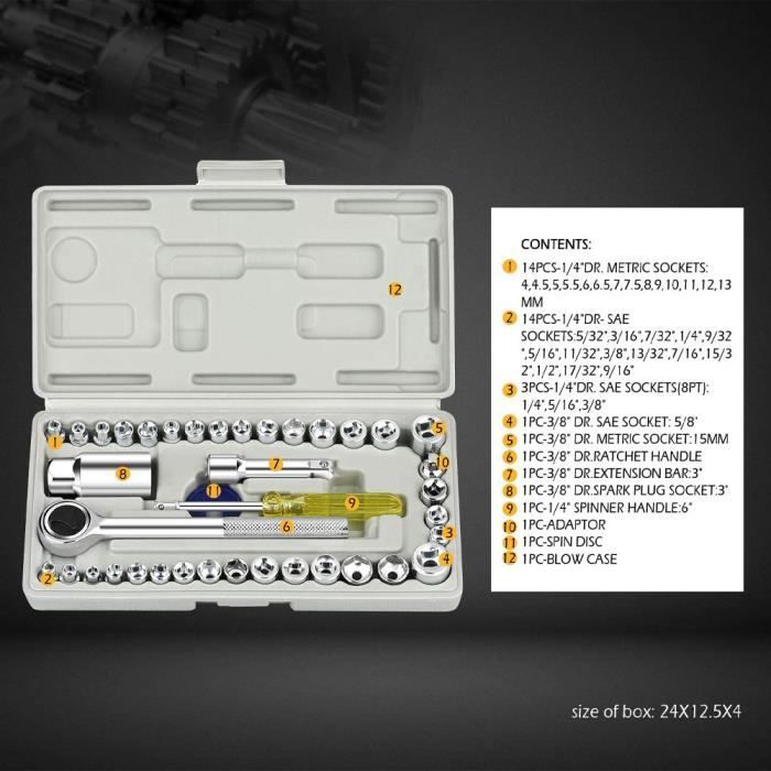 40 PCS Jeu de Clés à Douilles à Cliquet pour la Réparation Automobile.