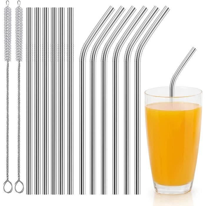 Pailles Réutilisables En Inox 304 - Lot De 12 (6 Droites + 6 Courbées) - 21,5 Cm - Avec Brosses Et Sac