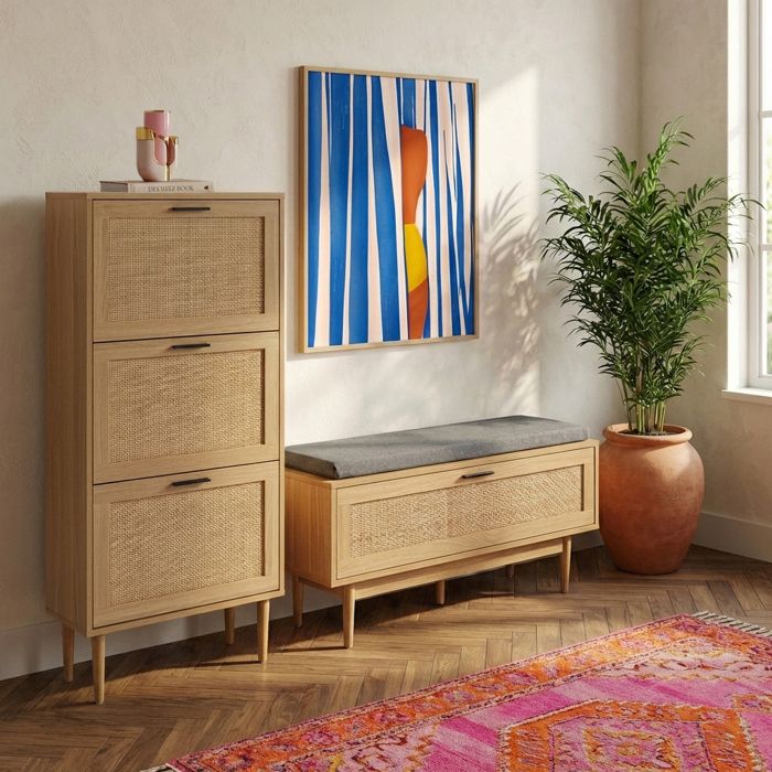 Meuble à chaussures AMANA cannage rotin 3 portes 60cm - Bois