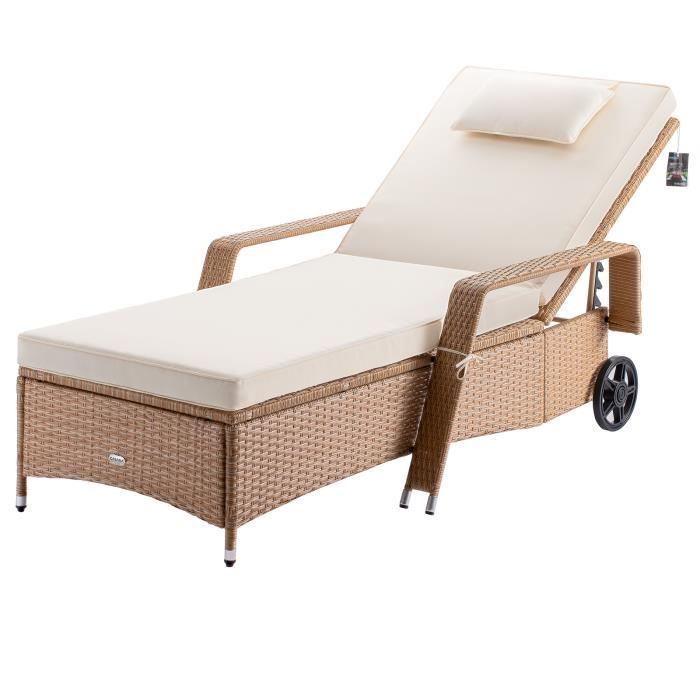 Casaria® Chaise longue en polyrotin Beige coussin 7cm 2 roulettes Max 160kg Dossier réglable Bain de soleil jardin