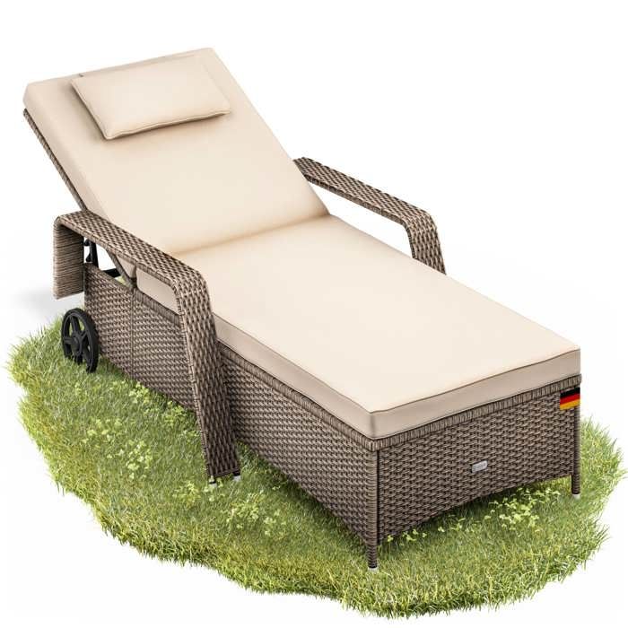 Casaria® Chaise longue en polyrotin Beige coussin 7cm 2 roulettes Max 160kg Dossier réglable Bain de soleil jardin