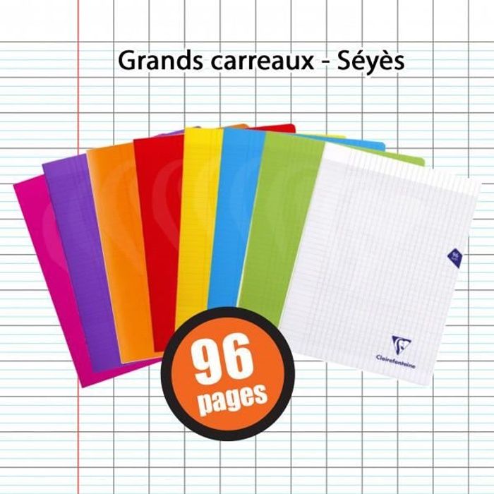 Lot de 9 cahiers - 24x32(cm) - Grands carreaux - 96 pages - couverture en  polypro - sans spirale - Clairefontaine - Mimesys