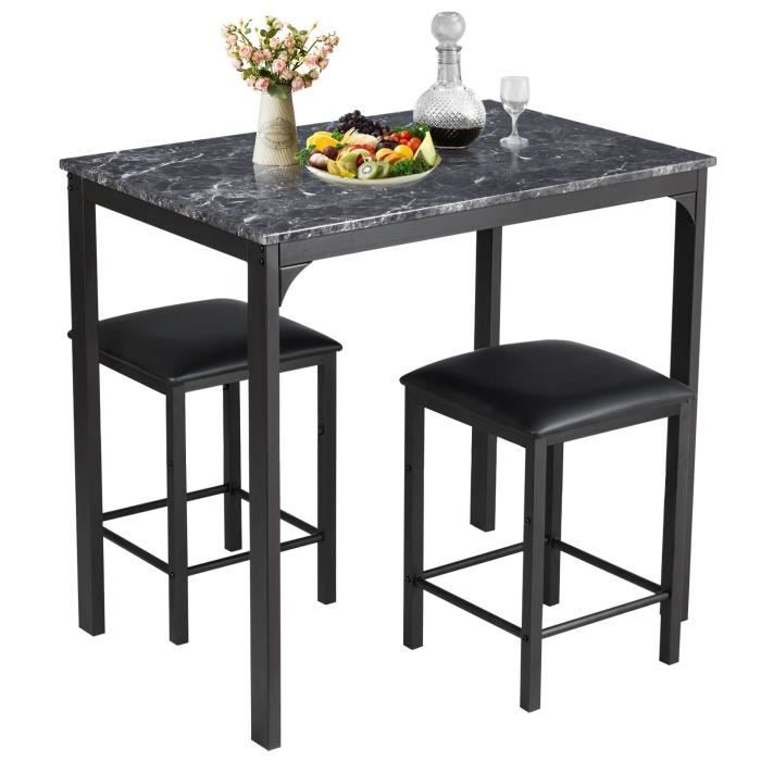 COSTWAY Ensemble de Table à Manger 3 Pièces avec 2 Tabourets sans Dossier en Faux Cuir Design Compact pour Cuisine Salon Noir