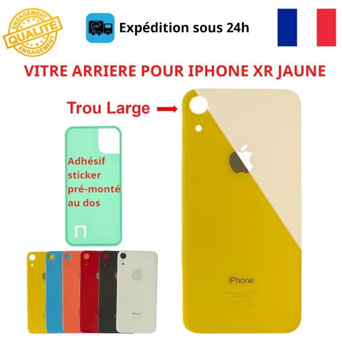 VITRE ARRIERE IPHONE XR JAUNE LOGO ADHESIF GROS TROU