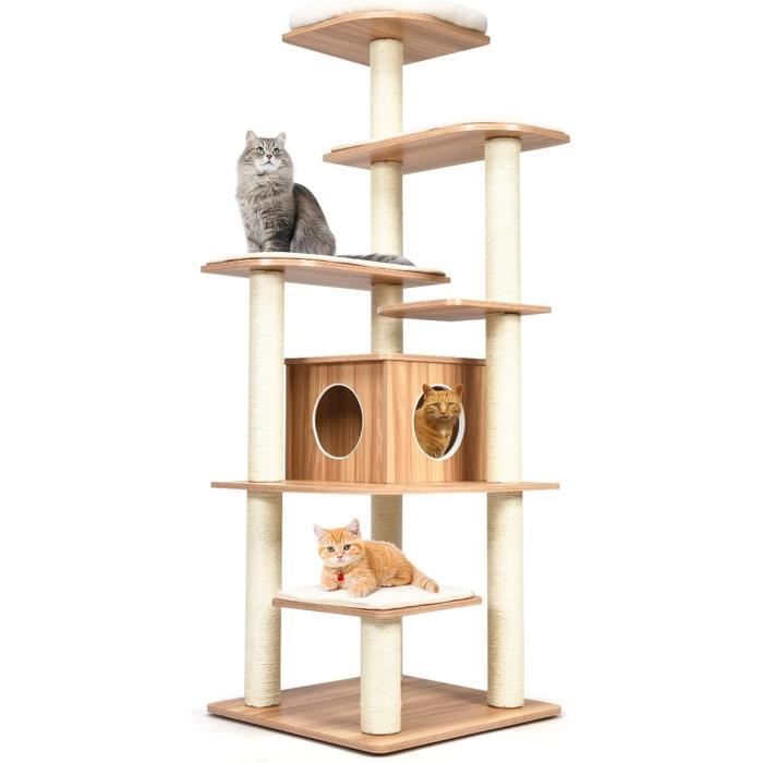 Meilleurs prix pour GOPLUS Arbre à Chat en Bois XXL, avec 9 Griffoirs & 1 Niche & 5 Plateformes & 5 Coussins lavables & Anti-Bascule, 175CM à 6 Niveaux
