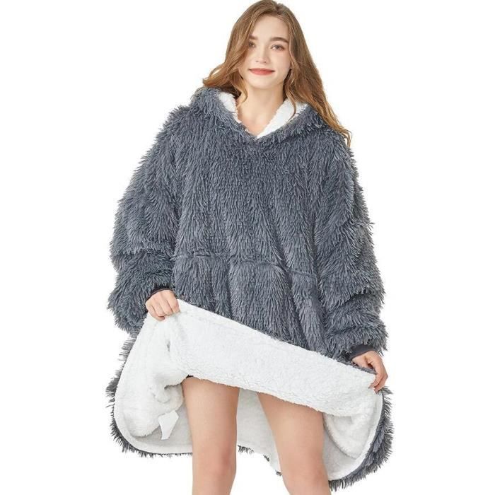 Plaid Pull Capuche Hiver Adulte Femme Homme Couverture Canapé Polaire avec Manche avec Poches - Gris