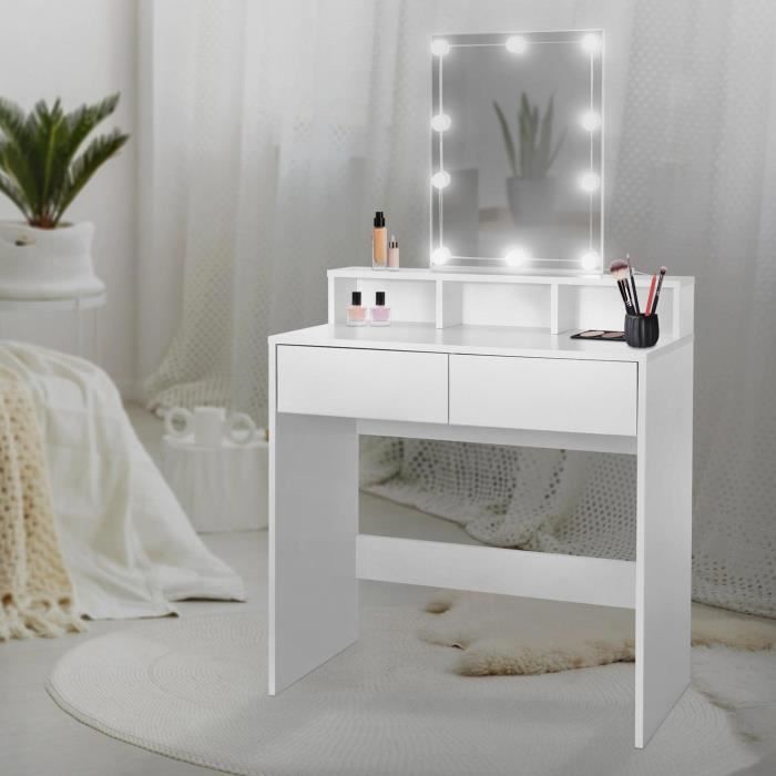 ml-design coiffeuse avec éclairage led, blanc 80x40x140 cm avec miroir, 2 tiroirs, 2 compartiments, mdf