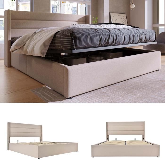 Lit coffre - MODERNLUXE - 160x200cm - Tête de Lit Capitonnée - Beige - Avec sommier à lattes en métal