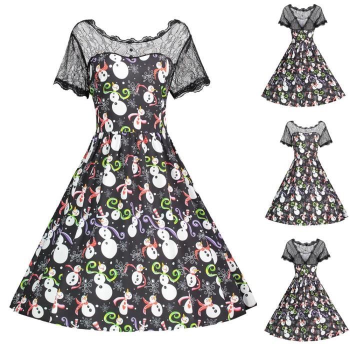 Robe de Noël vintage à manches courtes en dentelle avec motif bonhomme de neige