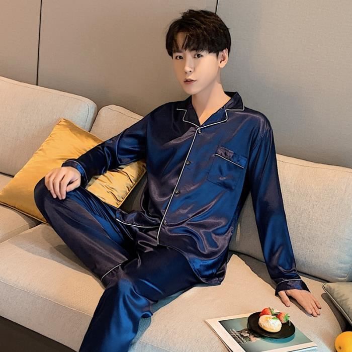 Pyjama femme long Couleur unie Vetements De Nuit En Soie Satin Pyjama Couple Mis Longue Boutonnee Pyjama Costume Pijama Femme Homme 2 Cdiscount Pret a Porter