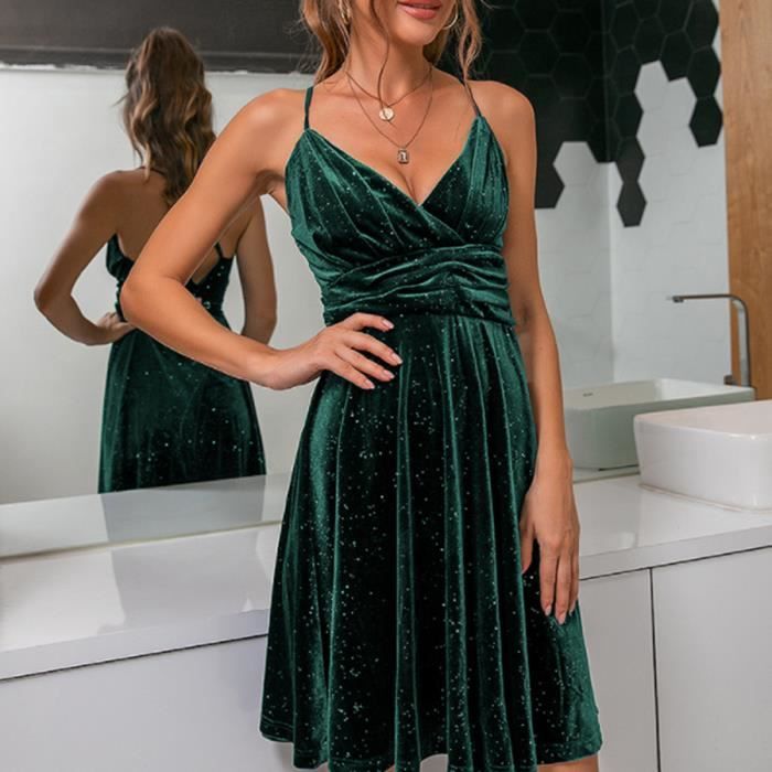 Robe de Soir?�e en velour Courte pour Femme Robe de Cocktail jarretelles en Col V Sexy Vert 