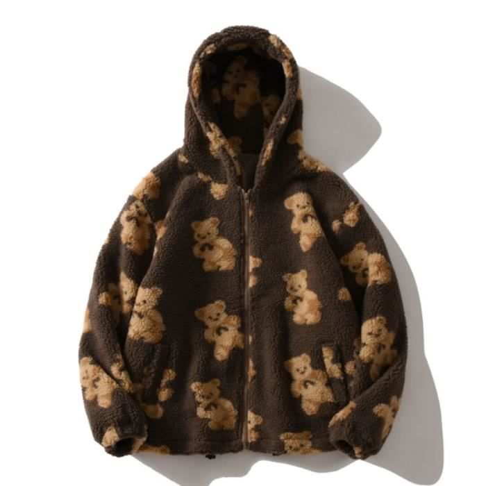 Manteau Polaire Femme à Capuche Style Ours En Peluche - Coupe-vent Léger - Veste Transition - Taille Grande Disponible