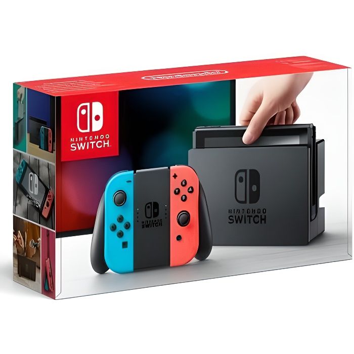 Nintendo Switch (import) avec un Joy-Con droit rouge néon et un Joy-Con gauche bleu néon