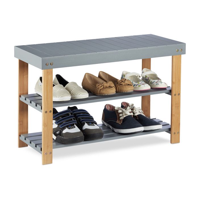 Relaxdays Banquette à chaussures, 4 paires, HxLxP 50x90x33 cm, assise matelassée, espace rangement, bambou, nature/gris Relaxdays Banquette à chaussures, 4 paires, HxLxP 50x90x33 cm, assise matelassée, espace rangement, bambou, nature/gris