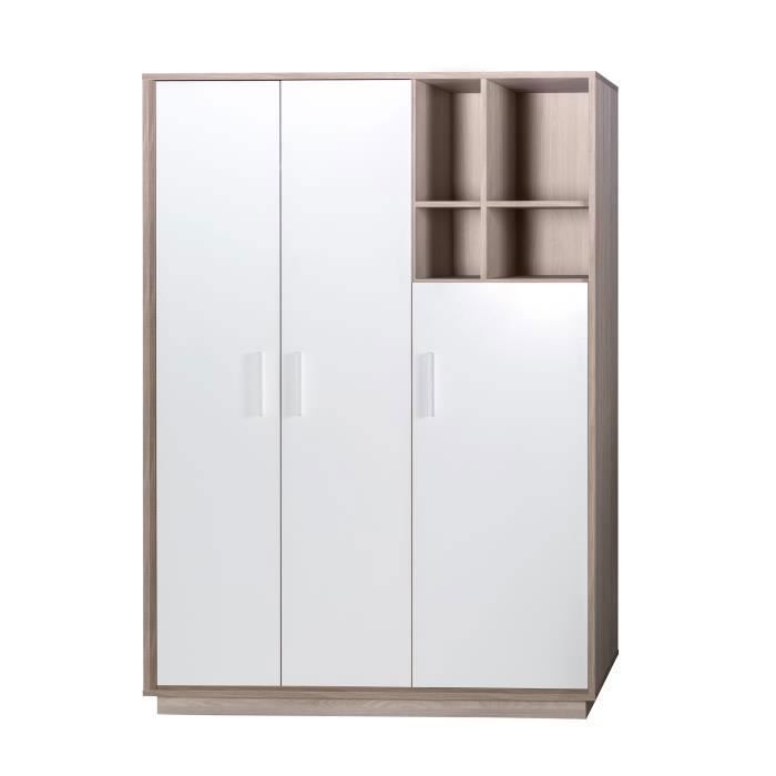 Armoire Bébé 3 Portes Battantes Olaf - ROBA - Blanc / Aspect Bois - 2 Penderies 4 Niches et 3 Étagères Armoire Bébé 3 Portes Battantes Olaf - ROBA - Blanc / Aspect Bois - 2 Penderies 4 Niches et 3 Étagères
