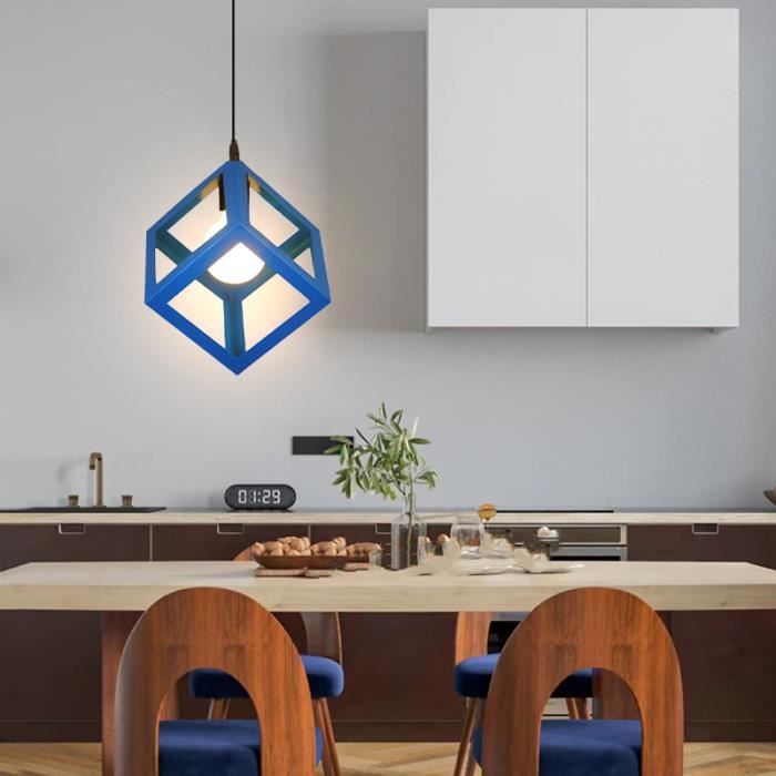 SNO Lustre Cube Ø16cm Bleu Lustr Industrielle Moderne - E27 Luminaire Vintage Suspension de Salon Chambre Couloir
