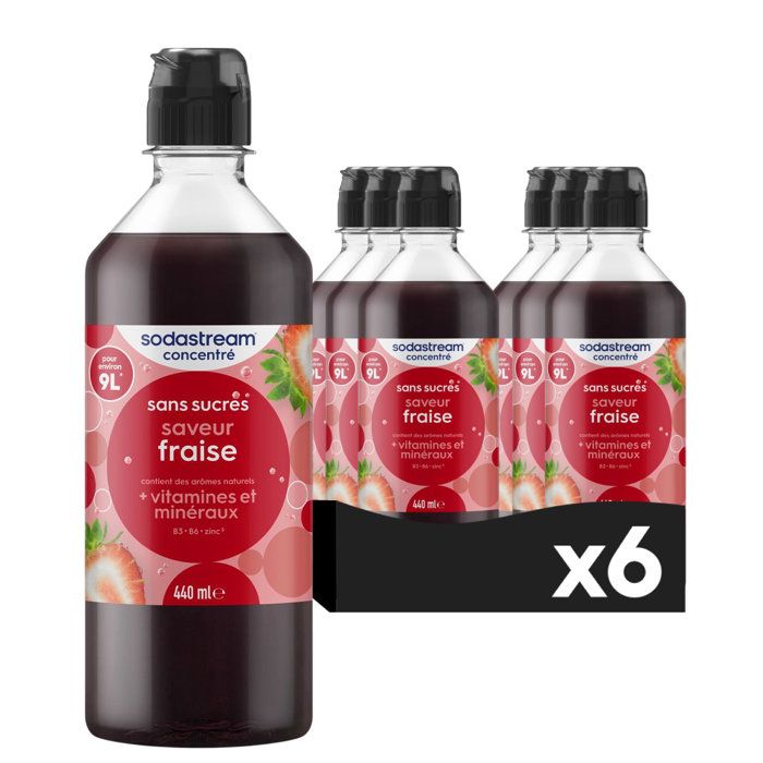 Sodastream Concentrés - Lot de 6 concentrés Fraise sans sucres - Jusquà 54L de boissons - 440 ml