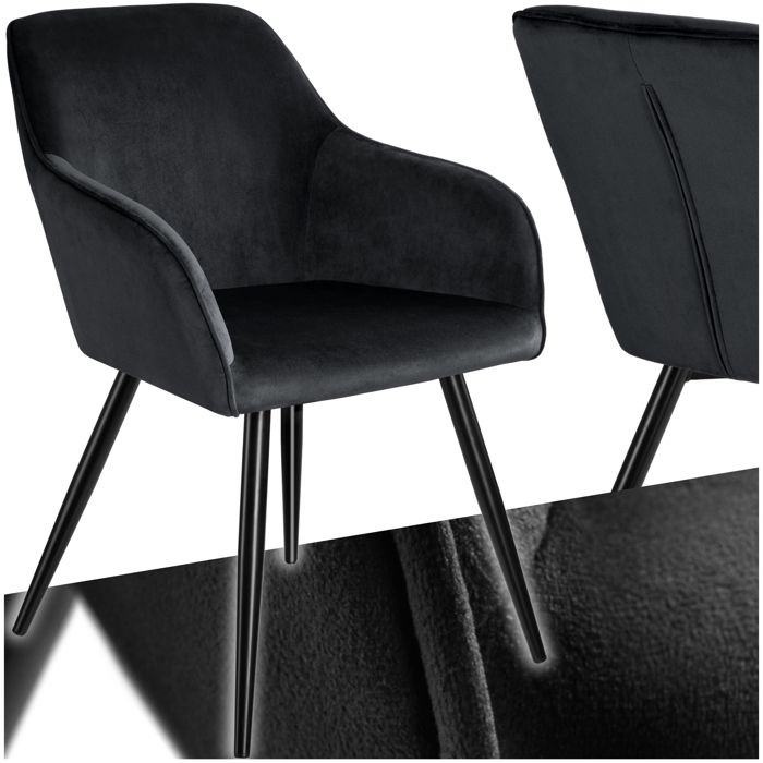 Chaise - TECTAKE - Chaise MARILYN effet velours au style scandinave rembourrée et pieds en acier noir 58 x 62 x 82 cm - Noir