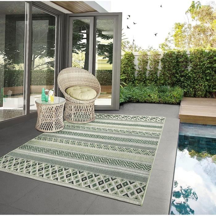 Tapis robuste d'extérieur en vert 60x110 | Résistant aux intempéries & aux UV | motif figures géométriques- Machka