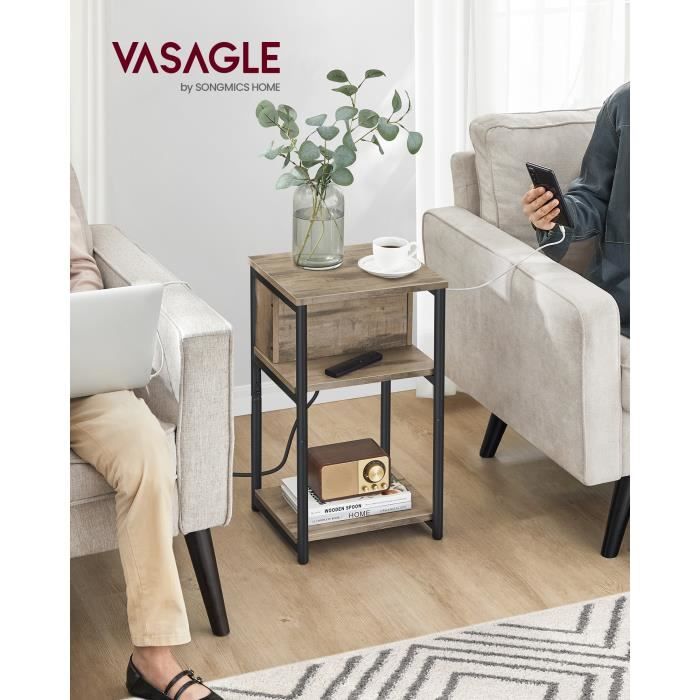 Table dAppoint avec Multiprise Fin 2 Prises CA 2 Ports USB 30 x 34 x 58 cm pour Salon Chambre Marron Camel et Noir
