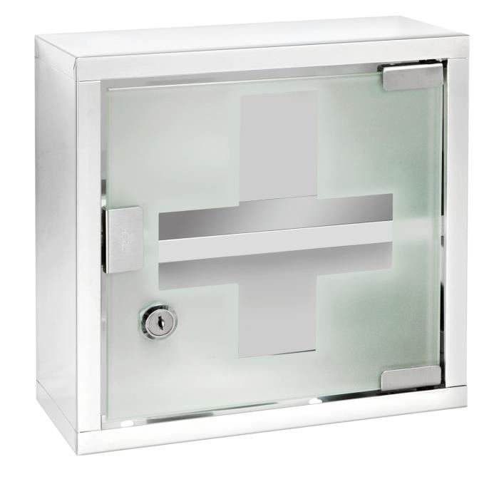 armoire à pharmacie en inox - wenko - l. 25 x l. 25 cm - porte verrouillable - 2 étagères