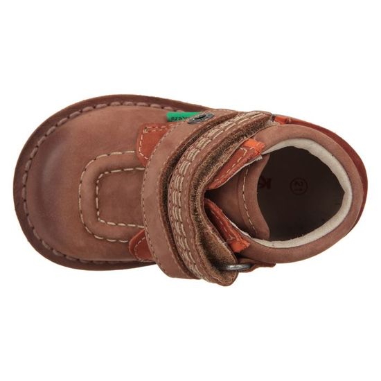 Bottillons bebe garcon en cuir marron et orange KICKERS Wapa Scratch plat moyenne tige