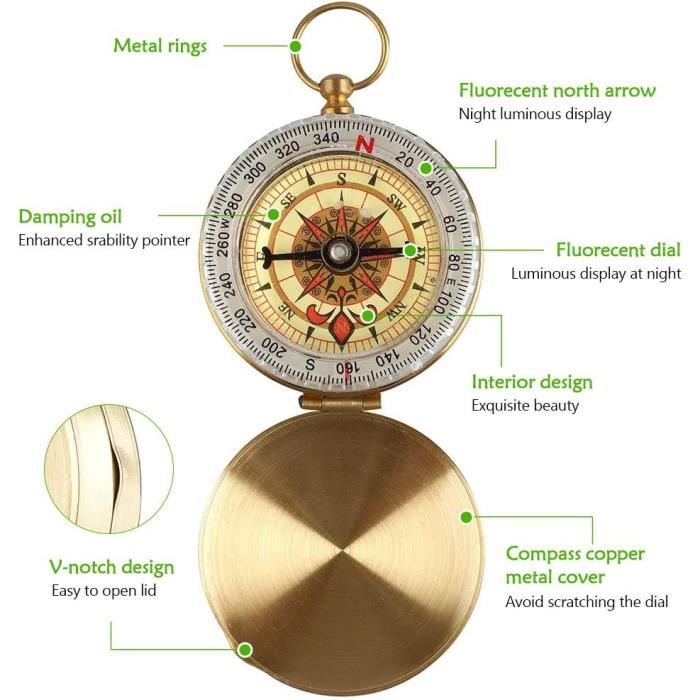Boussole De Randonnée En Laiton – Antichoc Et Imperméable – Design Rétro Avec Trou De Fixation – Compacte Et Portable