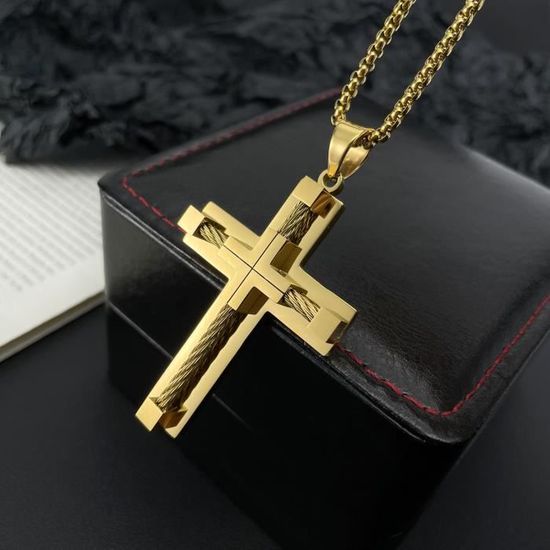 Collier Homme Double Couche Avec Croix - Acier Inoxydable, Style Tendance | Bijou Masculin Quotidien