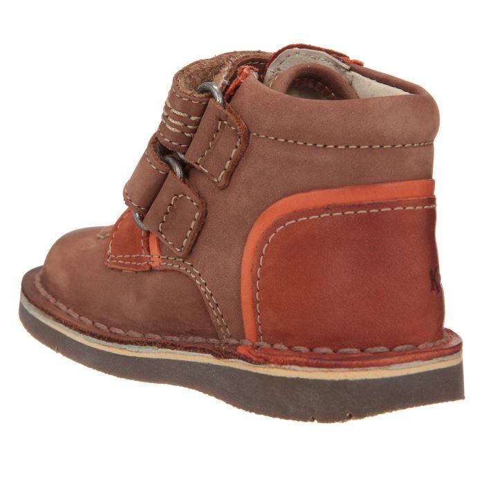 Bottillons bebe garcon en cuir marron et orange KICKERS Wapa Scratch plat moyenne tige