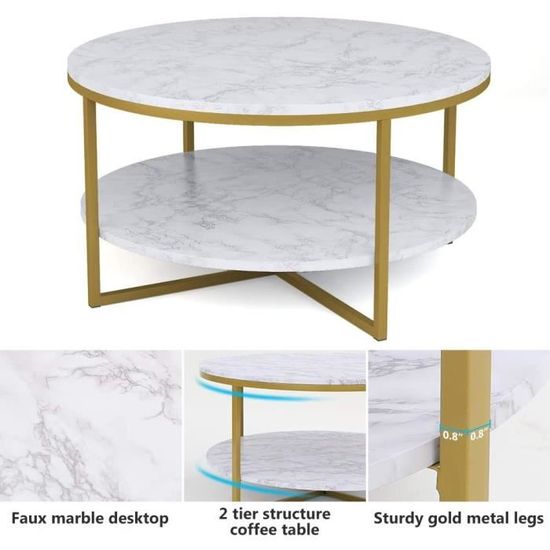 90x90x48cm Tribesigns Table Basse Ronde,Table De Salon Moderne Blanche Marbre Table de Canap/é dor Pattes en m/étal