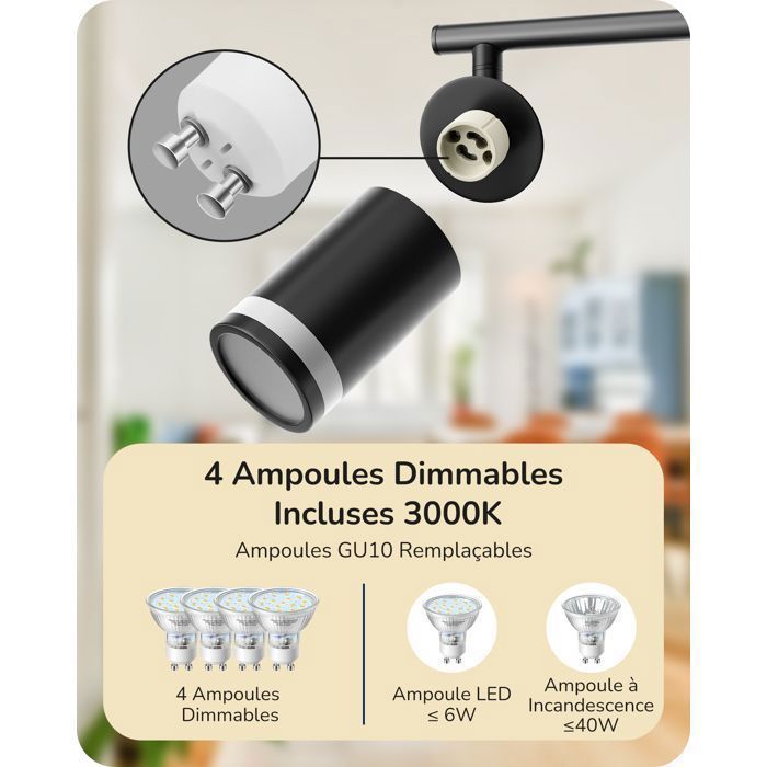 Dehobo Plafonnier LED 4 Spots Orientables GU10, Spots de Plafond