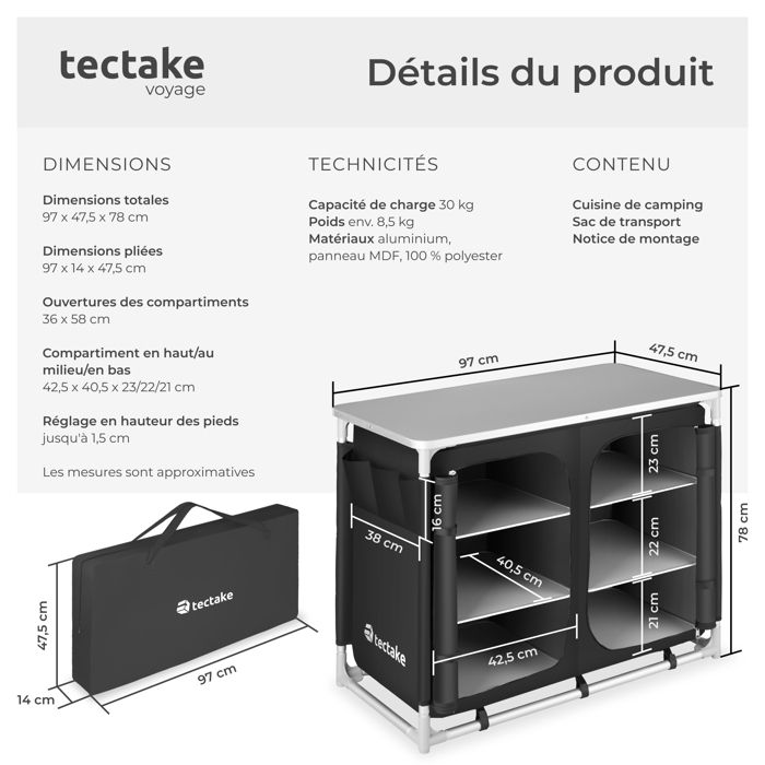 Cuisine De Camping Pliante En Aluminium - Plan De Travail MDF 120x47 Cm - Pliée 60x47x10.5 Cm - Charge 30 Kg - Avec Sac - 6