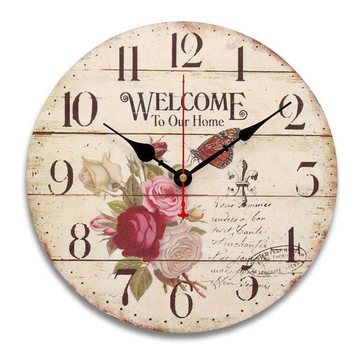 Mode Grande Horloge murale en bois Vintage Flower Rustic Shabby Home Art 