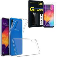 Pour Samsung Galaxy A50 SM-A505F 6.4": Coque silicone gel UltraSlim - TRANSPARENT + 2 Films Verre Trempé
