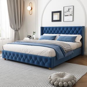LIT COMPLET Lit double 160x200 cm avec sommier à lattes, Tête de lit avec décorer boutons et rivets, tissu en velours, bleu