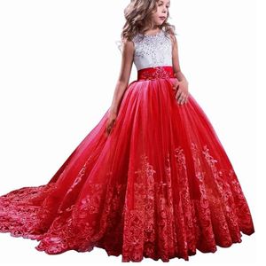 ROBE DE CÉRÉMONIE Princesse Robe Filles,Brodées Robe Ceremonie Fille  de Soiree,Sans manches Robe Mariage Fille de Communion Costume-Rouge