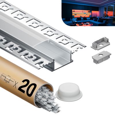 Profilé LED En Aluminium Encastrable 2000 Mm - Pour Bande LED ≤21 Mm, Plaque De Plâtre, Avec Cache Polycarbonate - 10