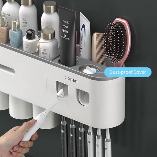 Porte Brosse à Dents Ajex Avec Distributeur Dentifrice Auto - Support Mural 4 Emplacements + Tiroir
