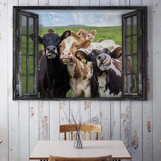 Tableau Vaches Sur La Fenêtre - Toile Vintage 60x40 Cm - Décoration Murale Salon
