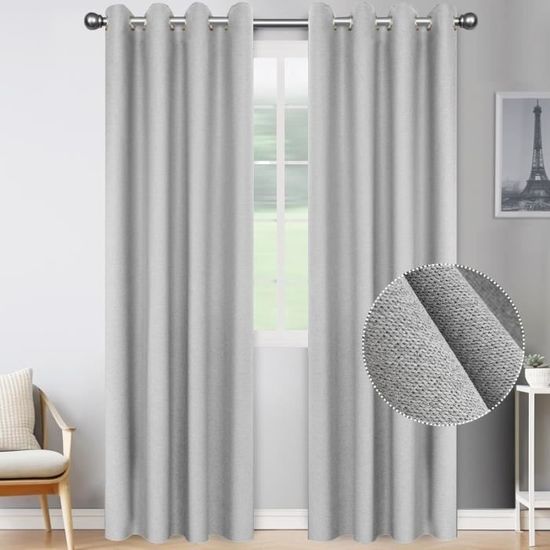 Rideaux Occultants Thermiques Noirs - Effet Lin - Lot De 2 - 140x145 Cm - Isolation Phonique