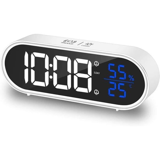 Réveil Numérique LED Multifonction - Affichage Température, Humidité, Double Alarme, 18 Sonneries, Blanc, Neuf