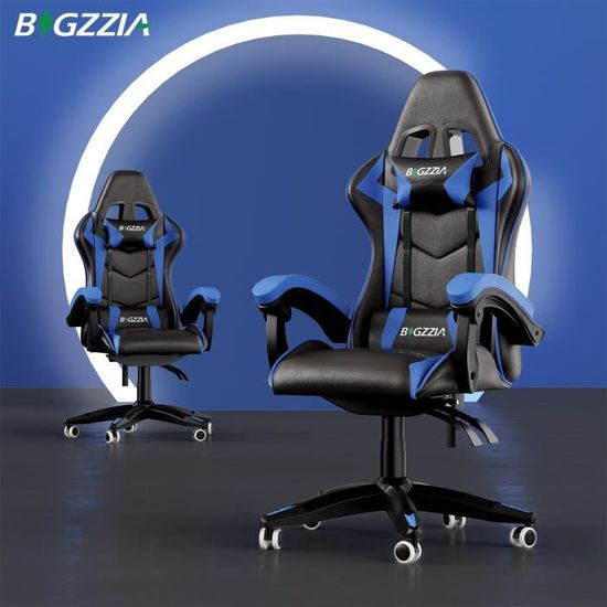 BIGZZIA Fauteuil de Bureau - Chaise Gaming - Siège de Bureau Réglable Gaming Racing - avec coussin et dossier inclinable Bleu