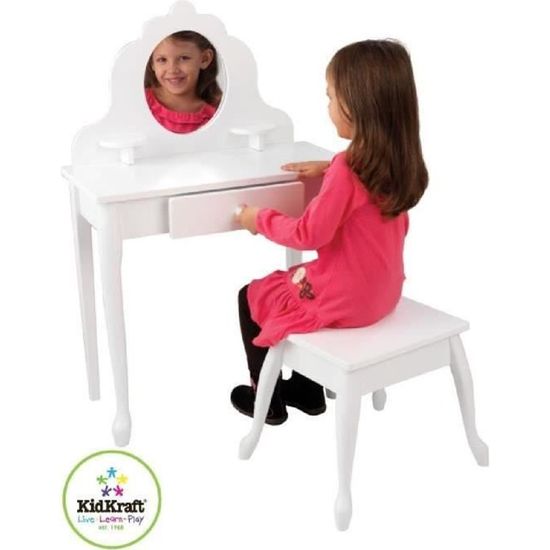 KidKraft - Coiffeuse Medium pour enfant en bois avec miroir et tabouret - Blanc