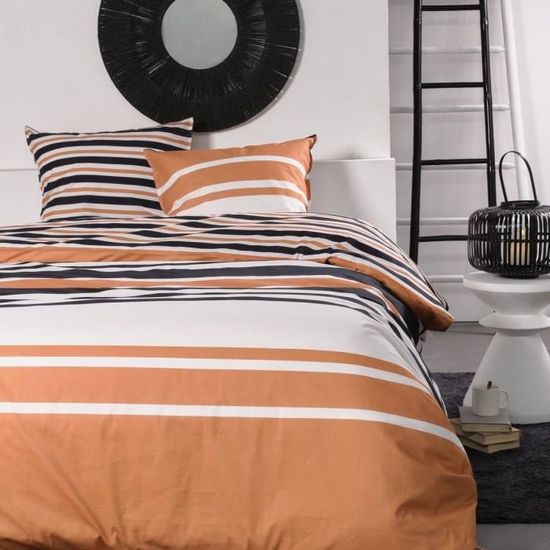 Parure de lit 2 personnes -TODAY - 240x220 cm - 100% Coton - Orange, Noir et Blanc