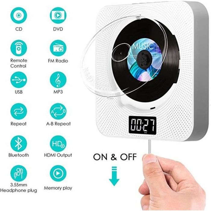 Lecteur DVD Portable, HDMI, Lecteur CD/DVD Mural pour Maison avec Bluetooth 4.2 , Port USB, Télécommande, Compatible avec CD/DVD