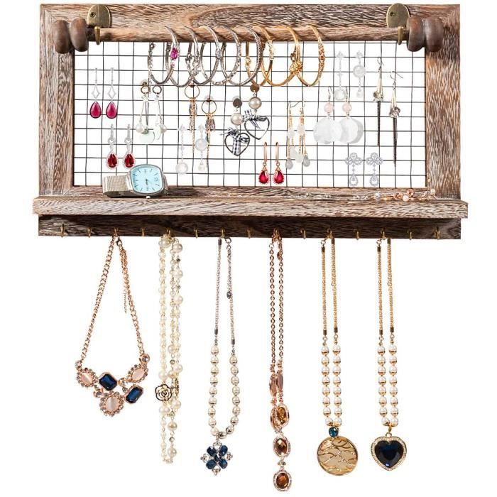 DREAMADE Porte-Bijoux Mural en Bois Carbonisé avec Bâton de Bracelet et Filet Métallique,Présentoir&Organisateur de Bijoux Suspendu